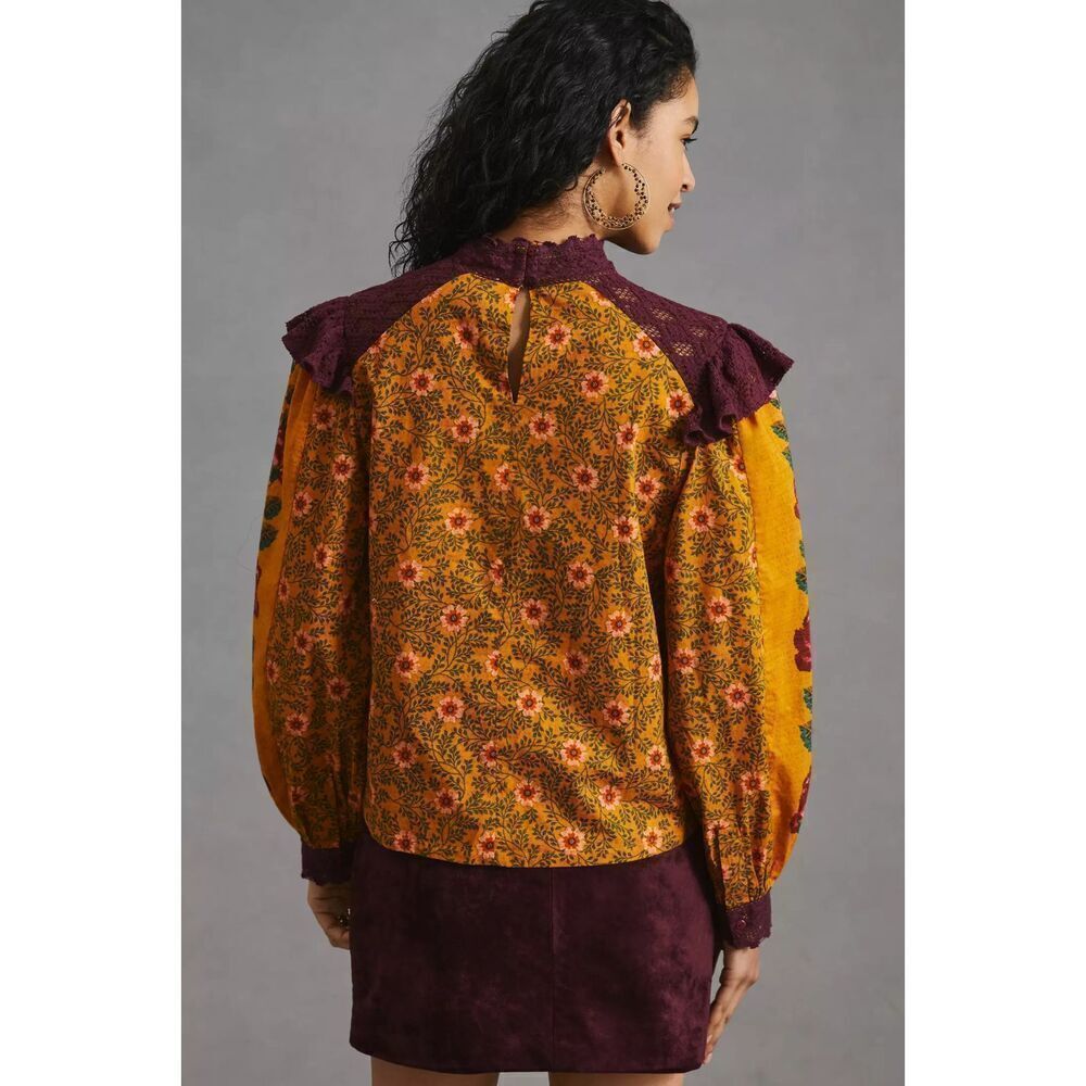 Anthropologie Farm Rio Ruffled Blouse Floral Printed Top Embroidered Lace M NWT - Picture 2 of 7